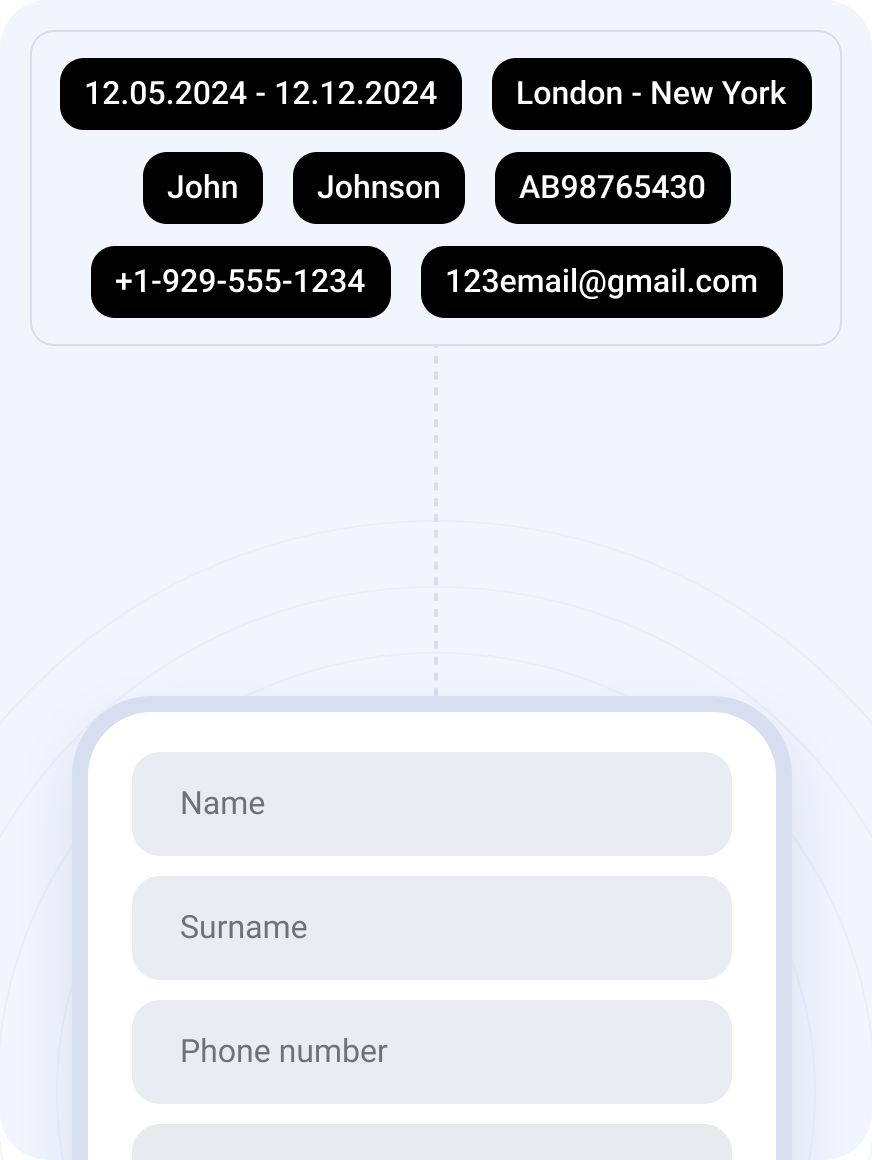 FillWise workflow illustration — paste data, AI matches fields, form is filled automatically