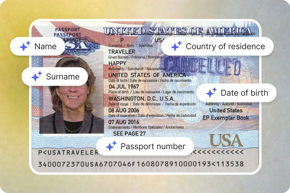Document with auto-detected name, surname, date of birth and ID number fields highlighted